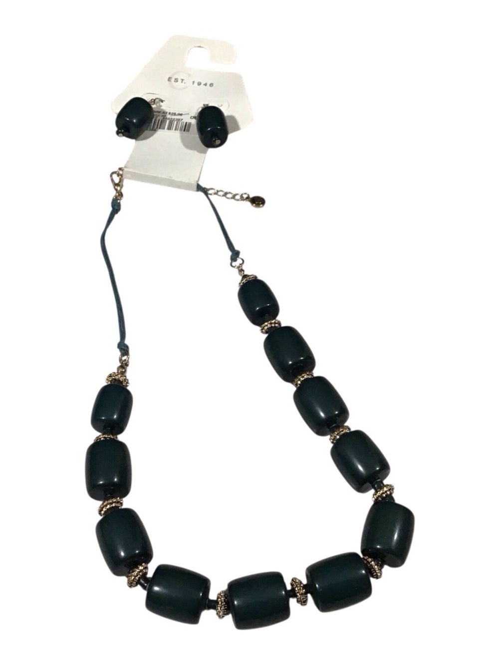 EST. 1946 Dark Green Bead Necklace Earring Set Fashion Jewelry